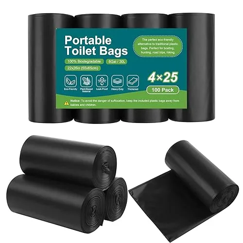100 Portable Toilet Bags, Drawstring Biodegradable Camping Potty Bags 8 Gallon Waste Bags for 5-8 Gallon Bucket Toilet A