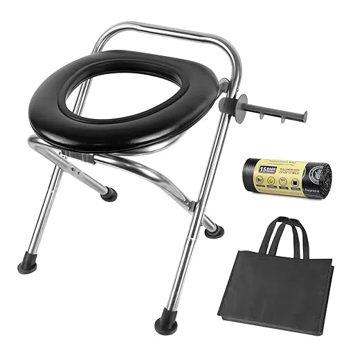 16.5"H Portable Toilet for Camping, 350LB Capacity Stainless Steel Folding Toilet with Soft Seat & Bags, Collapsible Des