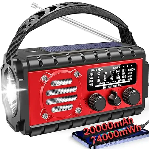 20000mah Emergency Radio, SW/NOAA/AM/FM Weather Radio, Solar Powered Hand Crank Charger with Big Battery Powered, Portab