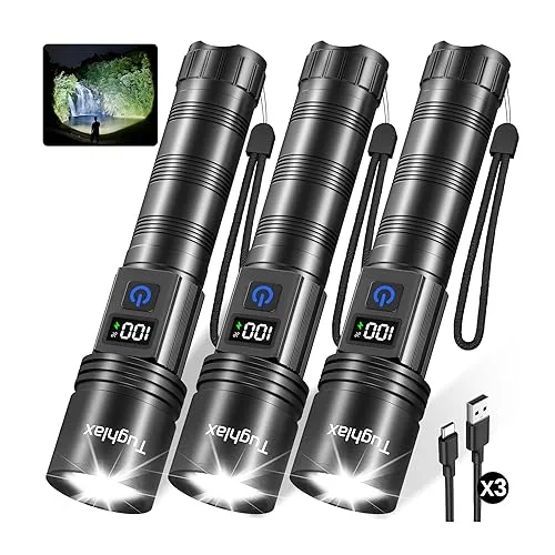 3Pack Rechargeable Flashlights High Lumens, Super Bright Flashlight with LCD Digital Display, 5 Modes Adjustable LED Fla