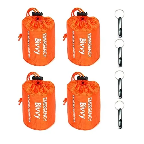 4 Pack Emergency Bag Survival Bivvy Sack with Whistles, Lightweight Portable Emergency Supplies for Outdoor Camping Hiki