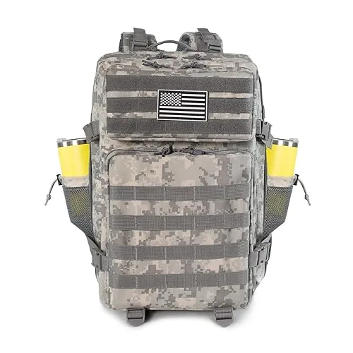 45L Grey Camo Military Tactical Backpack 3 Day Molle Assault Pack Large Army Bug Out Bag Rucksack Daypack for Men Outdoo