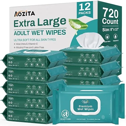 720 Count (12 Packs of 60) Wipes for Adults, 8" x 12" Extra Large Wet Wipes for Incontinence & Cleansing, Disposable Bod