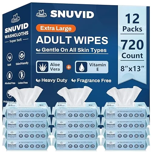 Adult Wipes for Elderly - 720 Count Extra Large 8"x13" Disposable Washcloths Rinse Free Bathing Wipes for Incontinence &
