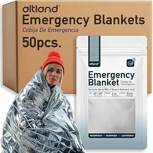 Altland 50 Pack of Emergency Blankets - Bulk Heat Reflective Blankets for Winter Survival Kits, Disaster Preparedness, C