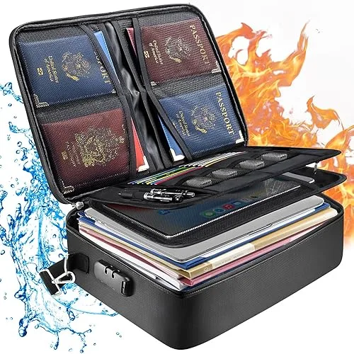 BALEINE Fireproof Document Box with Lock, Portable Fireproof Document Bag Waterproof Fire Proof File Boxes for Documents