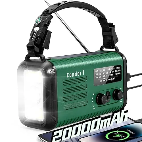 Emergency Crank Radio, 20000mAh / 74000mWh Solar Hand Crank Weather Radio with NOAA/AM/FM, Battery Powered Radio with Ce