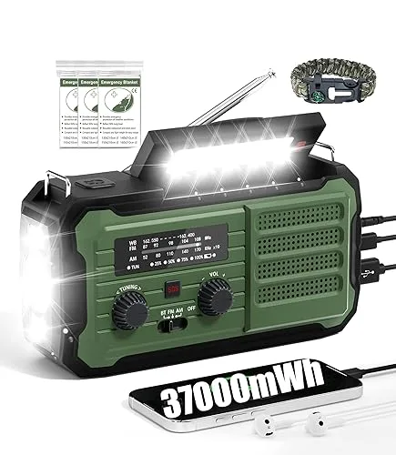 Emergency Radio Hand Crank Solar, 10000mAh/37000mWh Emergency Weather Radio, Hand Crank Solar Radios with NOAA/AM/FM, Th