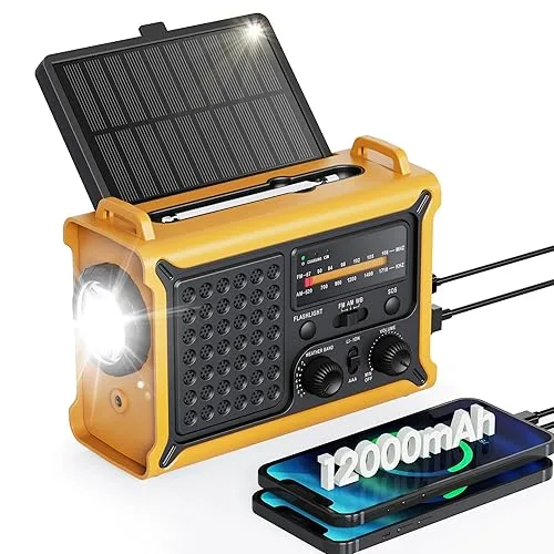 Emergency Weather Radio with Large Solar Panel, Efficient Hand Crank & Real 12000mAh Battery | AM/FM/NOAA Bands, LED Fla