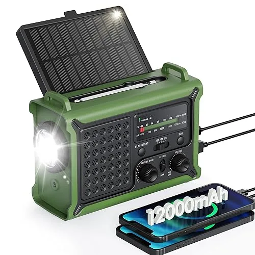 Emergency Weather Radio with Large Solar Panel, Efficient Hand Crank & Real 12000mAh Battery | AM/FM/NOAA Bands, LED Fla