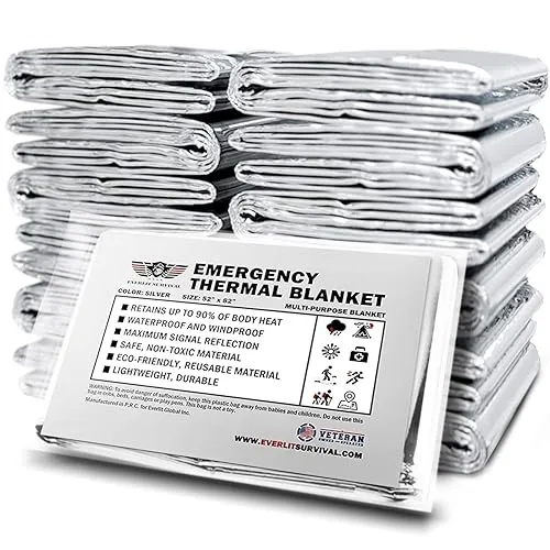 EVERLIT Survival Emergency Mylar Thermal Blankets -Space Blanket Survival kit Camping Blanket Perfect for First Aid Kit,