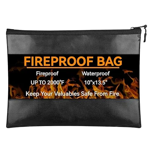 Fireproof Document Bag (10"x13.5"), Waterproof Holder with Zipper for Passport, Important Papers, Cash, Money and Valuab