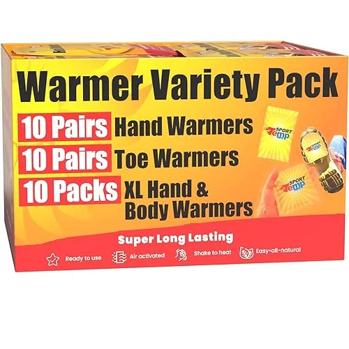 Hand, Toe, & XL Body and Hand Warmers - Variety Pack, 10 Pairs Hand Warmers, 10 Pairs Toe Warmers with Adhesive, 10 XL H