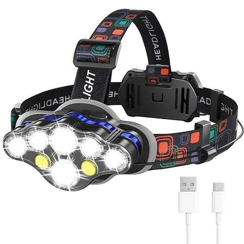 MIOISY Headlamp Rechargeable, 8 LED Super Bright Head Lamp with White Red Light, IPX4 Waterproof Head Lights for Forehea