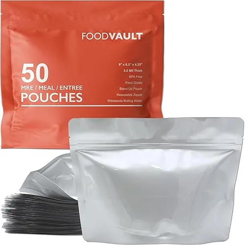 MRE Mylar Bags, 16 Mil Total Thickness, Stand-Up Resealable Pouches for Long-Term Food Storage, Freeze Dried Meals & Bac