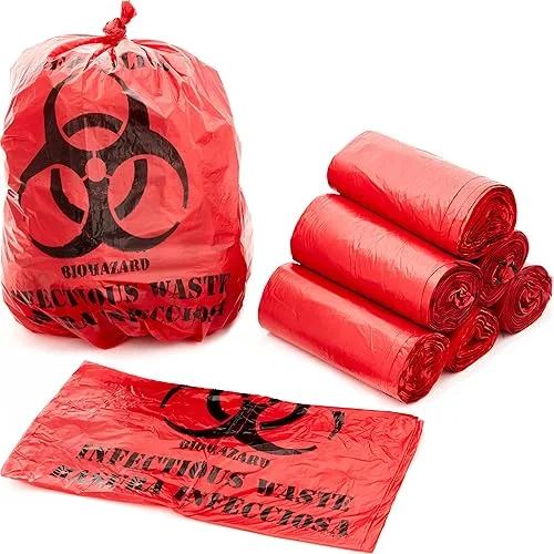 No Leak, Hospital Grade Biohazard Waste Bags 50 Pk. 10 Gallon, 24" Red Trash Liner With Hazard Symbol For Infectious Was
