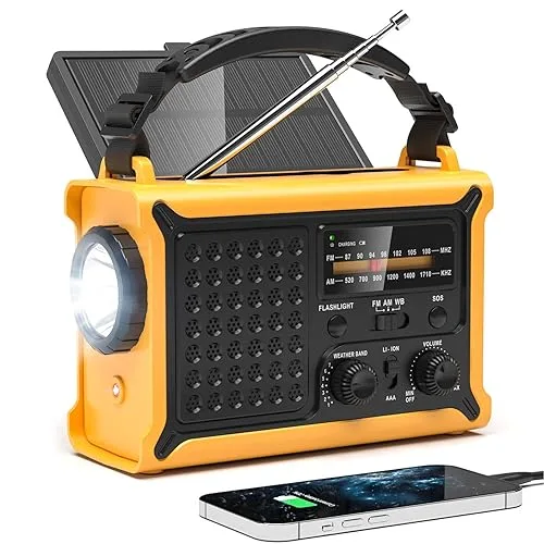 NOAA Weather Radio-12000mAh/44400mWh AM/FM Emergency Portable Radio with Solar Panel/Hand Crank/AC Input Rechargeable Ba