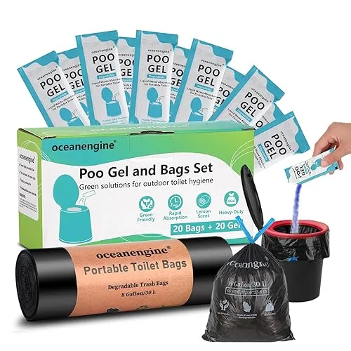 oceanengine Portable Toilet Bags Poo Gel Set, 8 Gallon Camping Toilet Bags with Portable Toilet Absorbent Gel, Compostab