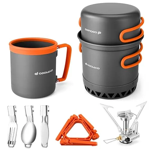 Odoland Camping Pots with Heat Exchanger Camping Cooking Set with Portable Camping Stove Camping Mess Kit Include Mug, F