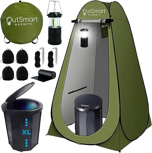 Outsmart Gadgets Outdoor Portable Toilet Set for Adults with Camping Night Lantern, Folding XL Toilet, Pop Up Privacy Te
