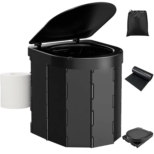 Portable Camping Toilet, Folding Toilet for Adults with Lid and Retractable TP Holder, Waterproof Porta Potty with Carry
