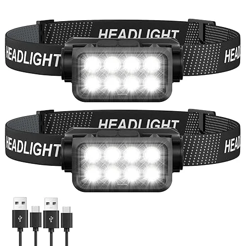 Rechargeable Headlamp Flashlight 2-Pack, 8 LED 2500 Lumen Ultra-Light Bright Headlight with Motion Sensor, Waterproof Li