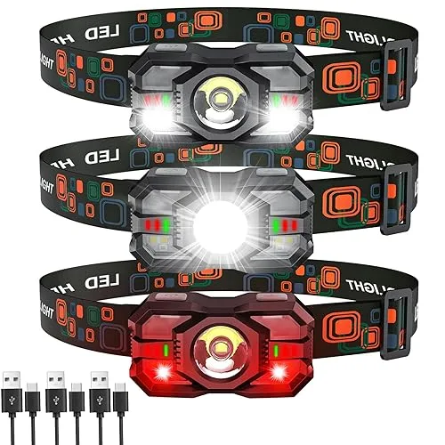 Rechargeable Headlamp Flashlight 3-Pack, 2000 Lumen Super Bright LED Headlight with Red Light, Headlamps for Adults Kid,